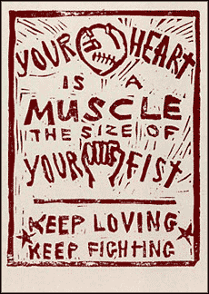 By Dalia Sapon-Shevin. Dalia crafted this woodcut during the Battle in Seattle World Trade Organization protests in 1999. 