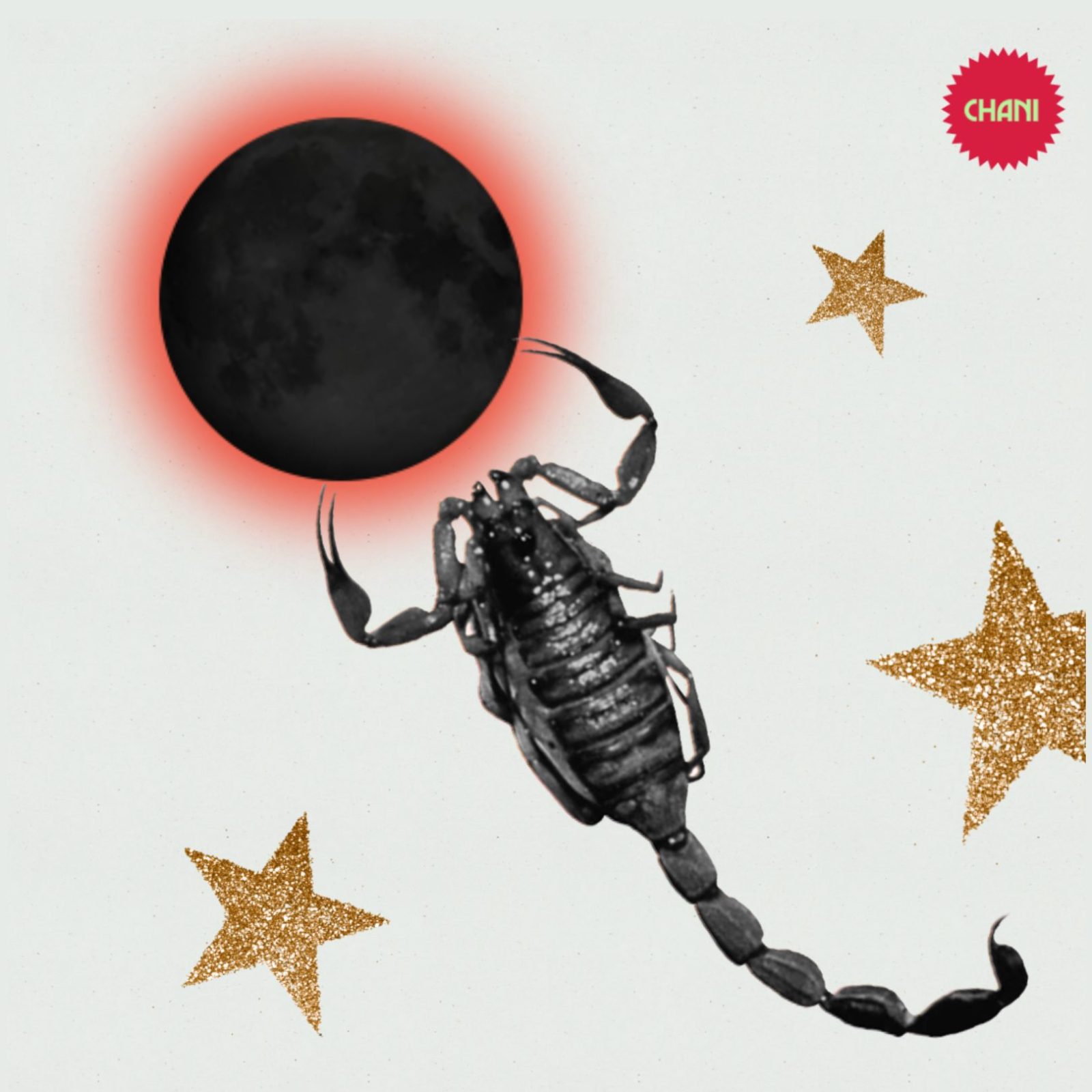 Collage of a solar eclipse with gold stars and a scorpion
