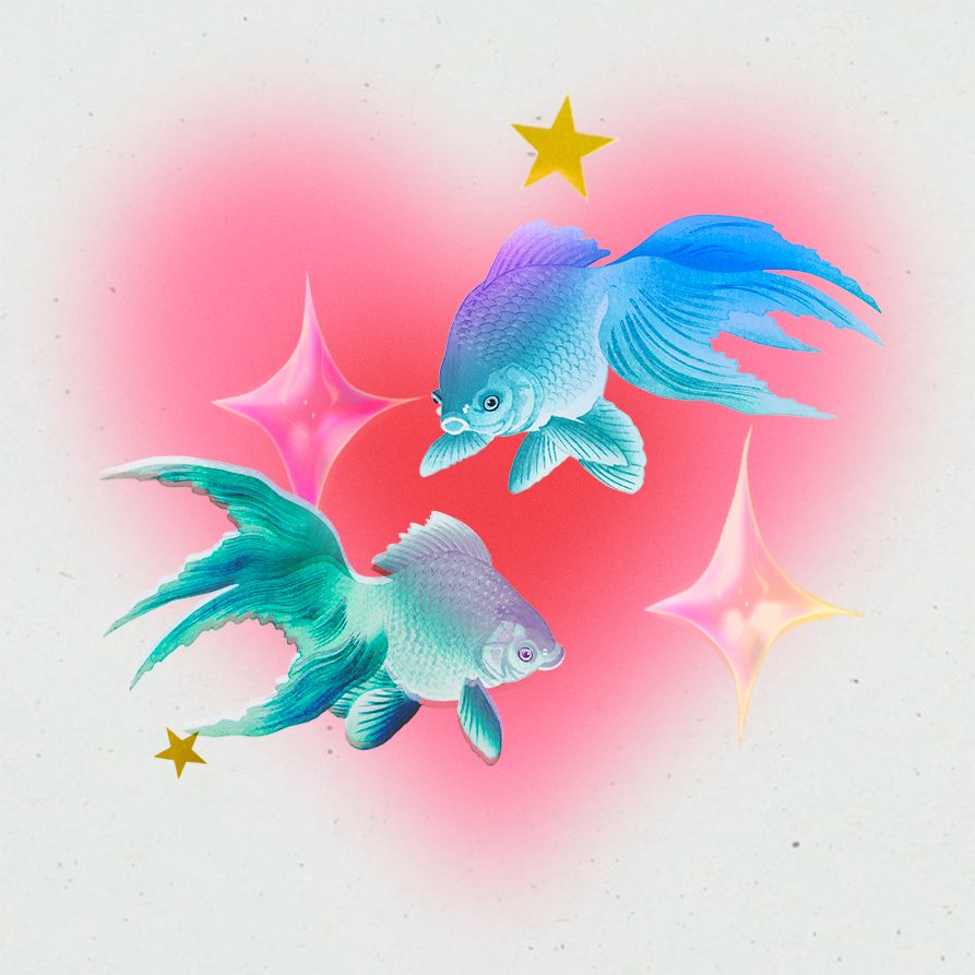 Valentine's Day collage with 2 blue fish, a heart, and stars