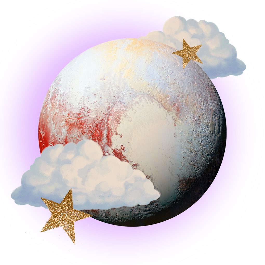 Pluto collage with stars and clouds