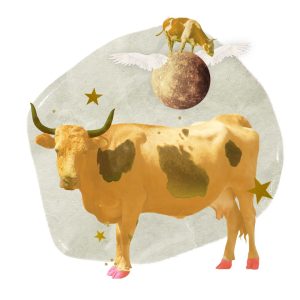 A yellow Taurus cow collage with stars and Mercury with wings