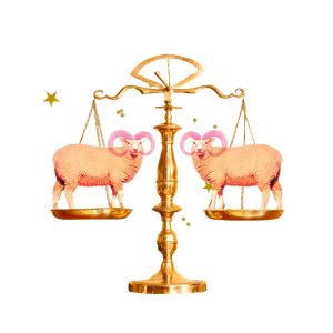 Collage of two Aries rams on a Libra scale