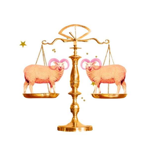 Collage of two Aries rams on a Libra scale