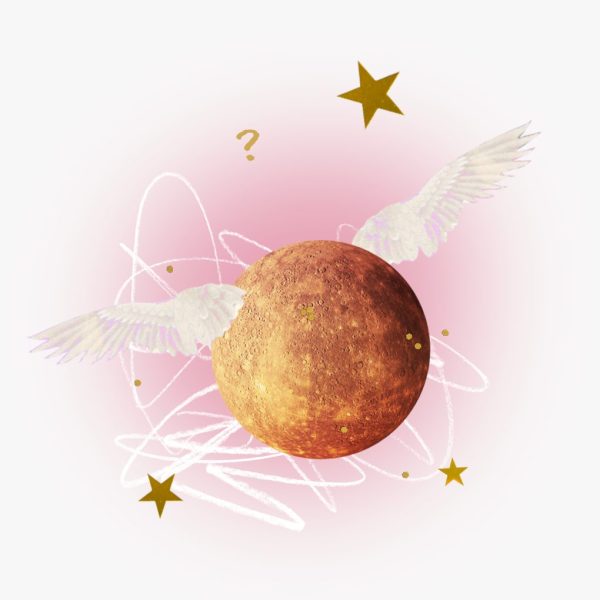 Mercury with wings, above pencil scribbles, surrounded by stars and a question mark
