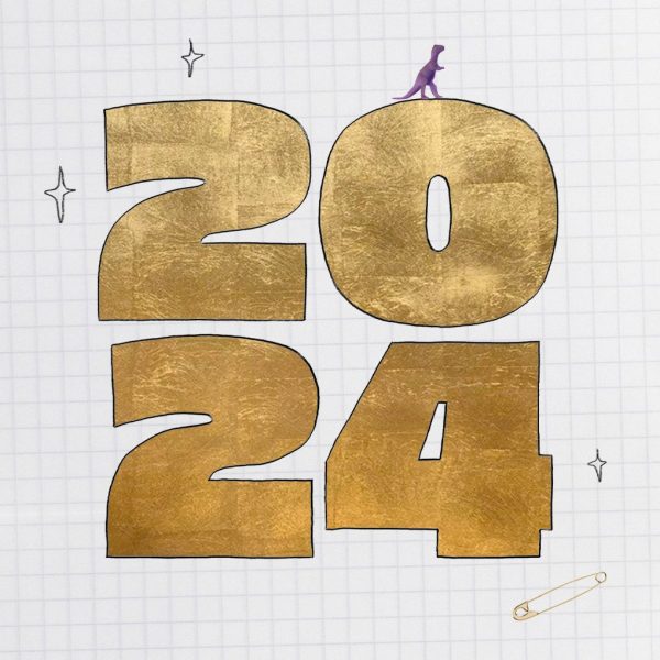 2024 in bold gold lettering, surrounded by stars and a small dinosaur on top