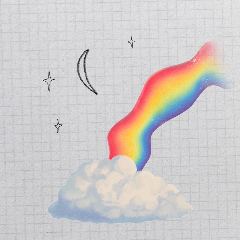 New Moon surrounded by stars and a rainbow landing in clouds