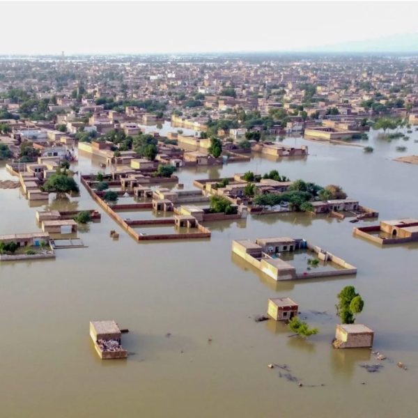Catastrophic flood water overtakes a city due to natural disasters in 2023.