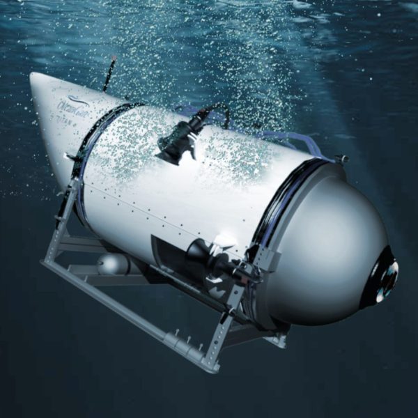Titan, the submersible that imploded in June 2023, underwater surrounded by bubbles.