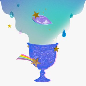 Water pouring into a goblet, surrounded by droplets, gold stars, and an eye.