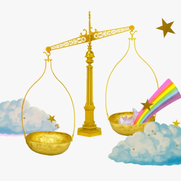 What it means to have Libra placements – A scale holding crystals and a rainbow, surrounded by clouds, glitter, and gold stars.