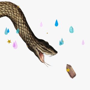 A snake chasing a crystal, surrounded by water drops and gold stars.