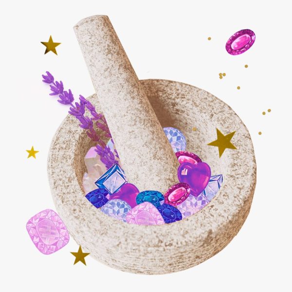 What it means to have Virgo placements – A mortar and pestle filled with lavender and gems, surrounded by gold stars and glitter.