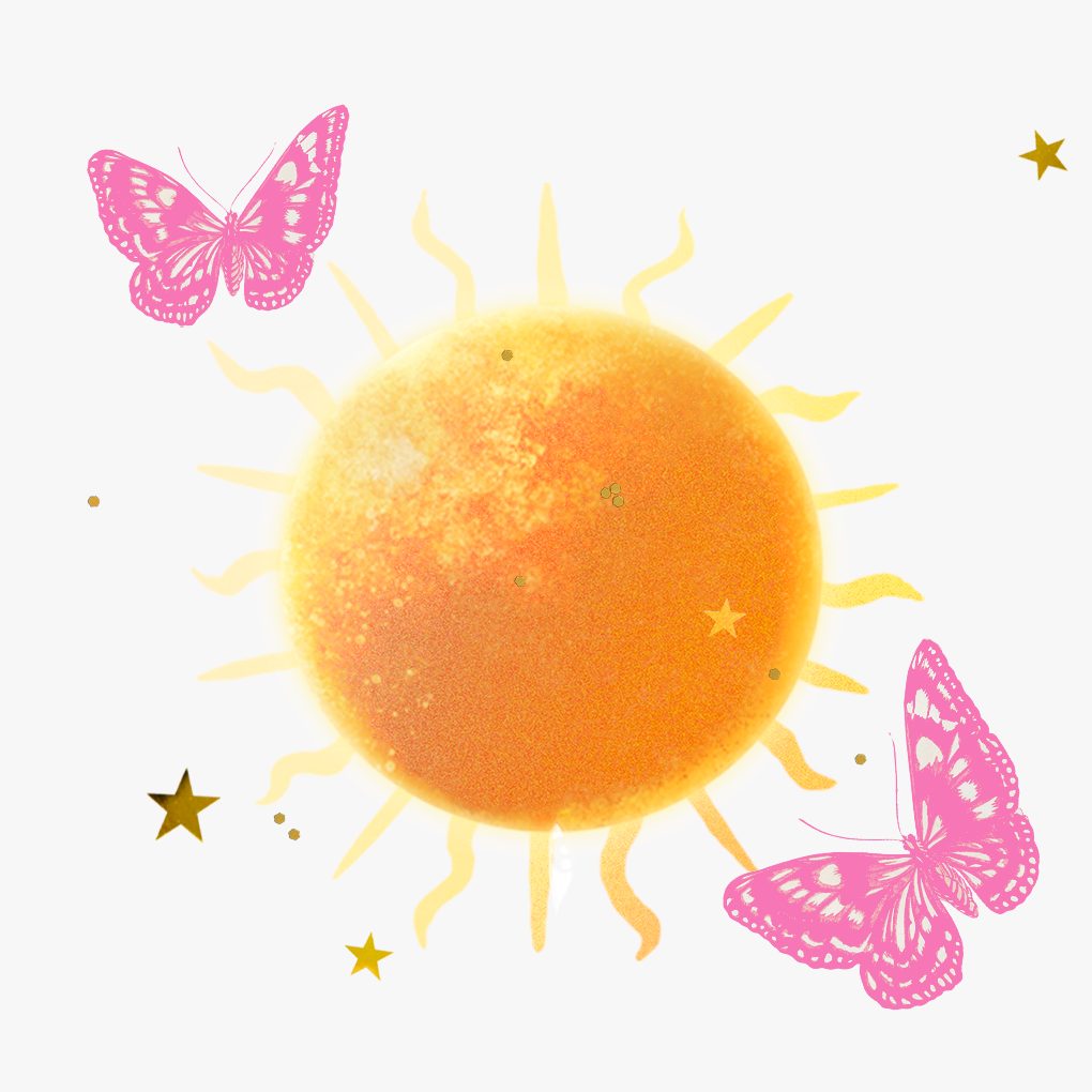 Sun in Gemini horoscopes. Butterflies, glitter, and stars surround the Sun.