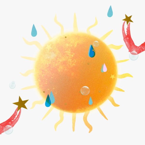 Sun in Cancer horoscopes — Raindrops, bubbles, and crab pincers holding gold stars surround the Sun.