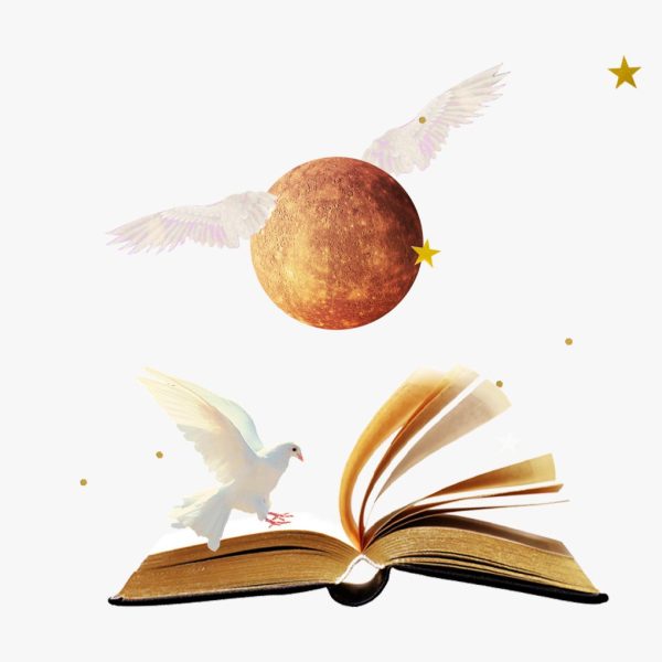 Mercury in Virgo horoscopes, 2024 – Collage of a dove on a book, stars, and the planet Mercury for Mercury in Virgo.