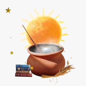 Horoscopes for the Sun in Virgo. Books, a cauldron, and wheat sit in front of the Sun.