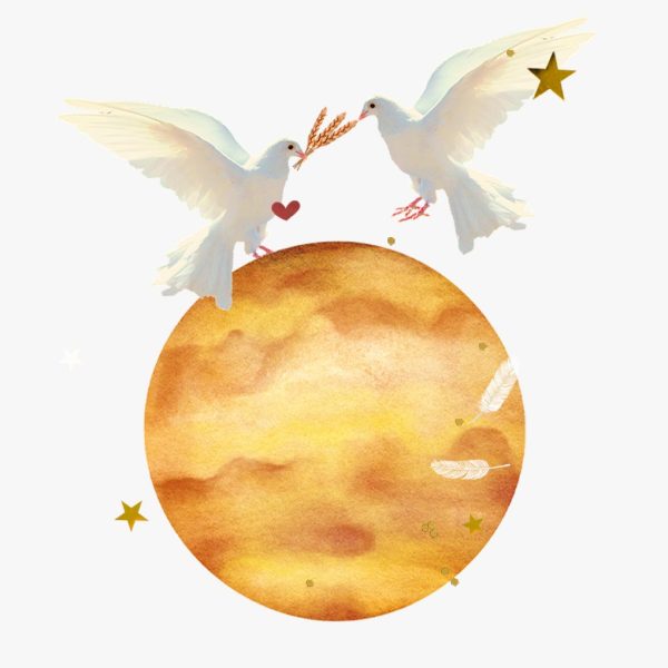 Venus in Virgo horoscopes, 2024 – Collage of two doves, gold stars, feathers, and the planet Venus for Venus in Virgo.