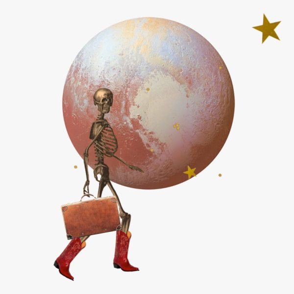 Pluto in Capricorn horoscopes, 2024 – Collage of a skeleton in cowboy boots with a briefcase, stars, and the planet Pluto.