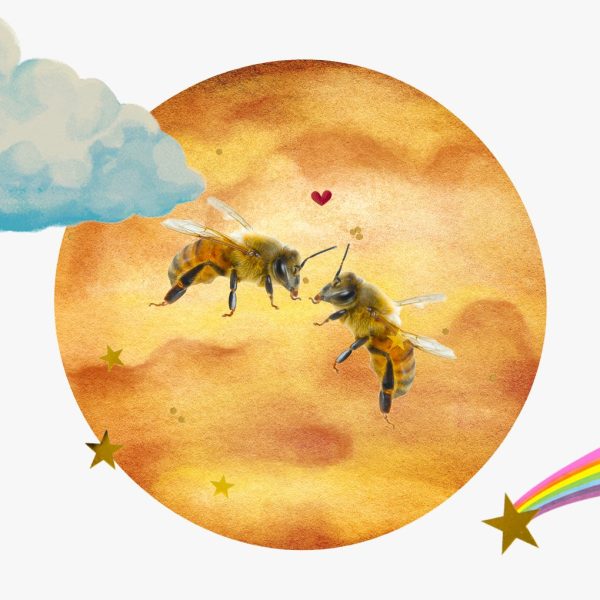 Venus in Libra horoscopes, 2024 – Collage of two bees under a cloud, gold stars, and the planet Venus for Venus in Libra.