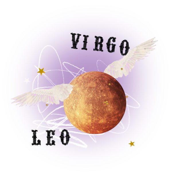 What to know about this Mercury retrograde in Virgo and Leo — Mercury, wings, stars, scribbles, with VIRGO and LEO stamped.