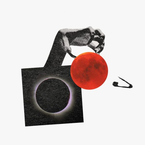 Astrological key dates: Eclipses (1924 to 2074) – Collage of an eclipse with a hand clawing at a red moon and a safety pin.