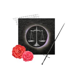 What you need to know about October's solar eclipse in Libra — Collage of scales in front of an eclipse, flowers, and a sword.