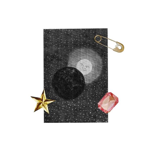 Astrological Key Dates of 2025: Eclipses — Collage of an eclipsed full moon with a clothespin, star, and gem on a starry sky.