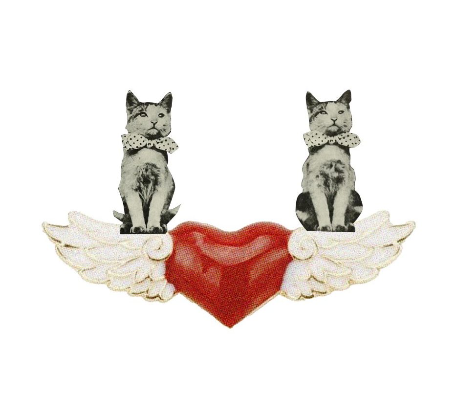 Collage of a winged heart with a pair of cats wearing bow ties.