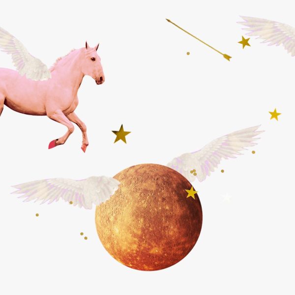 Mercury in Sagittarius horoscopes, 2024 – Collage of a pink winged horse, an arrow, gold stars and a winged planet Mercury.