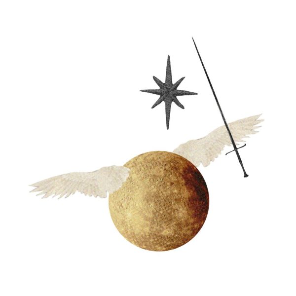 Astrological Key Dates of 2025: Mercury Retrogrades — Collage of a winged planet Mercury with a sword and star.