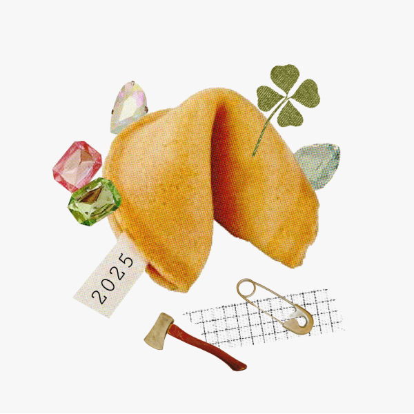 Collage of a fortune cookie, four leaf clover, gemstones, an axe, and clothes pin for your 2025 Year Ahead horoscopes.