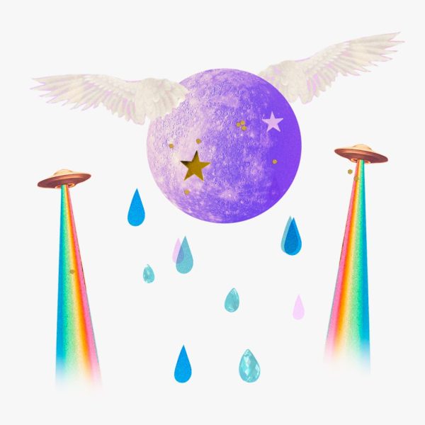 Mercury in Aquarius horoscopes, 2025 – Collage of winged planet Mercury with stars, raindrops, and UFOs with rainbow beams.