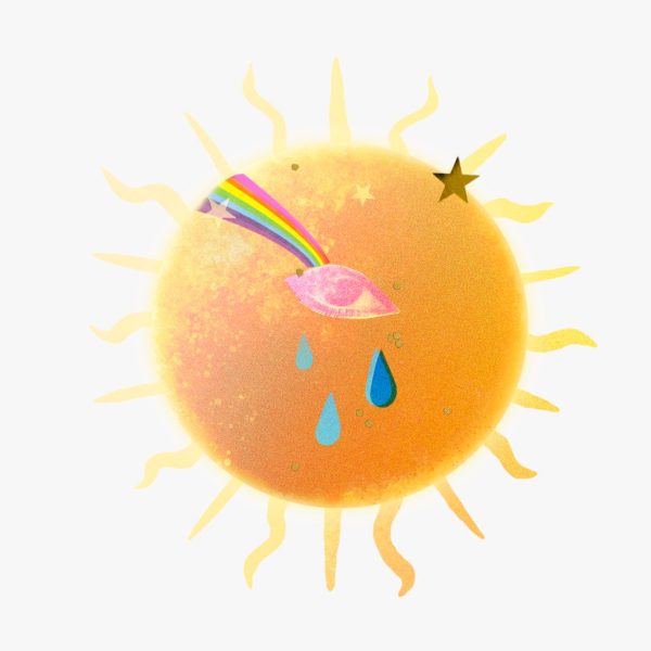 Sun in Aquarius horoscopes, 2025 – Collage of an eye on the Sun with a rainbow, raindrops, and gold stars.