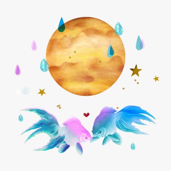 Venus in Pisces Horoscopes 2025: collage of two fish between a red heart, golden stars, raindrops and the planet Venus.