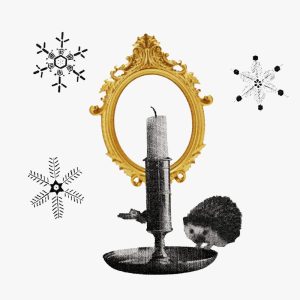 Collage for the Winter Solstice: A candle in a chamberstick, an ornate gold frame, a hedgehog, and snowflakes.