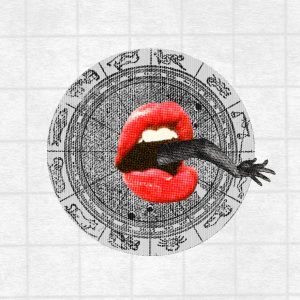 12 Houses in Astrology Blog – Collage of an arm reaching out of an open mouth with red lipstick on a birth chart wheel.