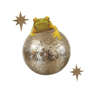 Green frog on a gold disco ball with stars around it.