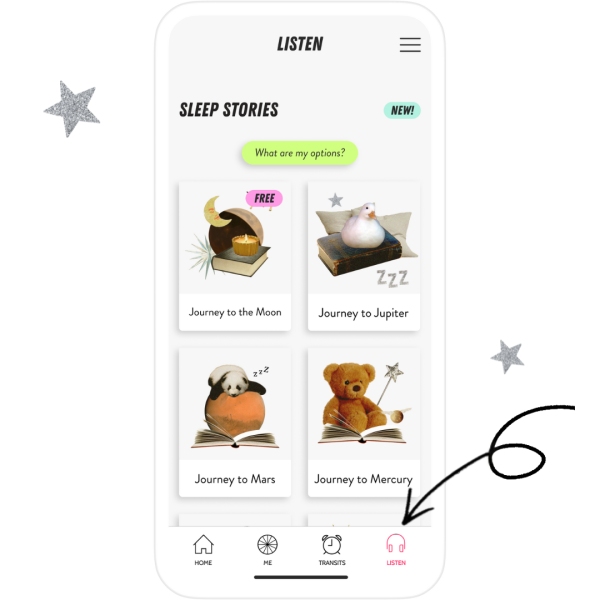 How to work with Sleep Stories in the CHANI app Blog – Image: CHANI app with arrow to the Listen tab in bottom right corner.