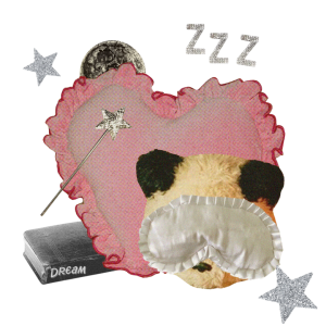 How to work with Sleep Stories in the CHANI app Blog – Collage of a pink heart pillow and a teddy bear wearing a sleep mask.