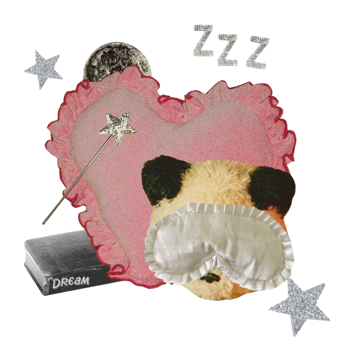 How to work with Sleep Stories in the CHANI app Blog – Collage of a pink heart pillow and a teddy bear wearing a sleep mask.