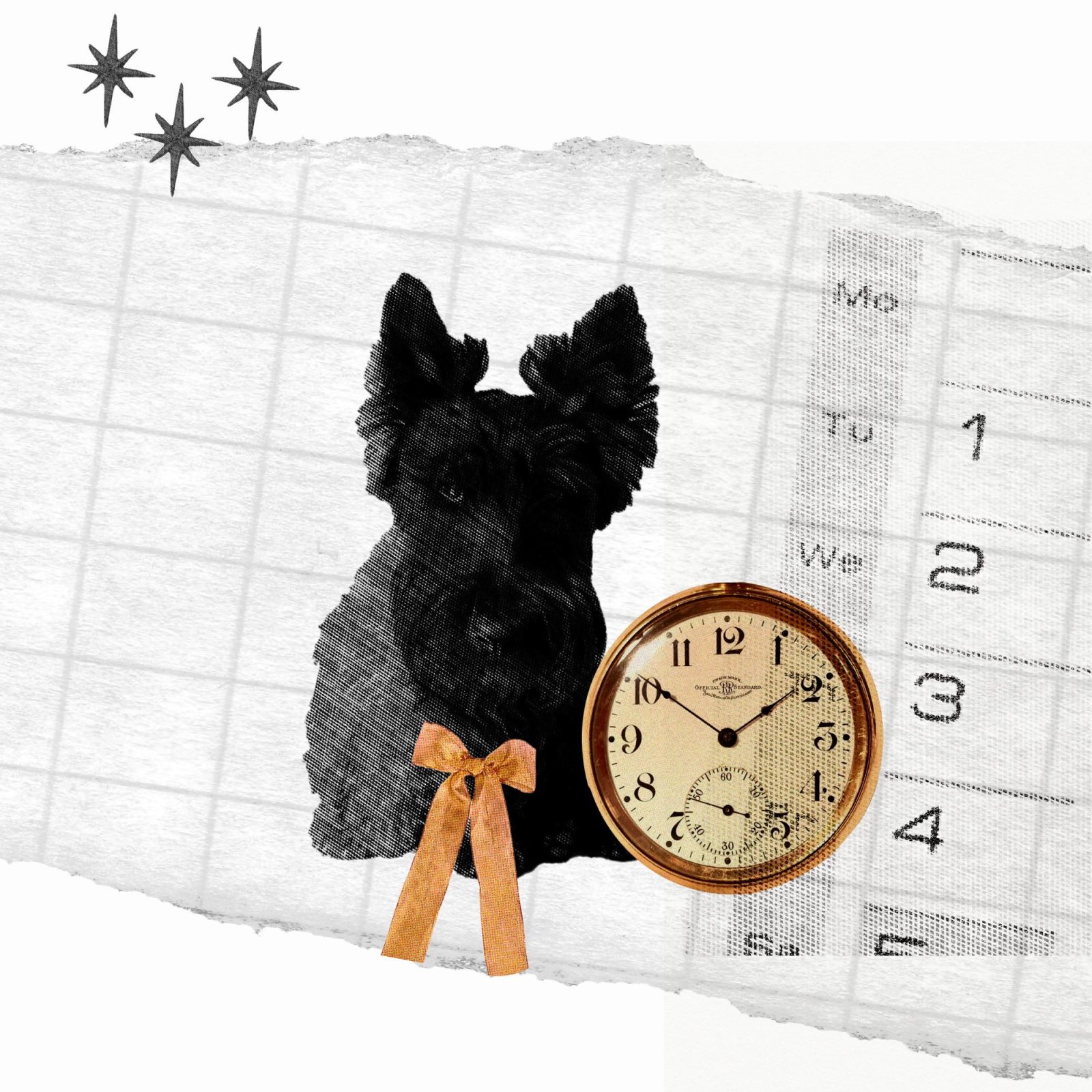 Your guide to planetary days blog - Image: collage of a Scottie dog wearing a bow with stars, a clock, and a weekly calendar.