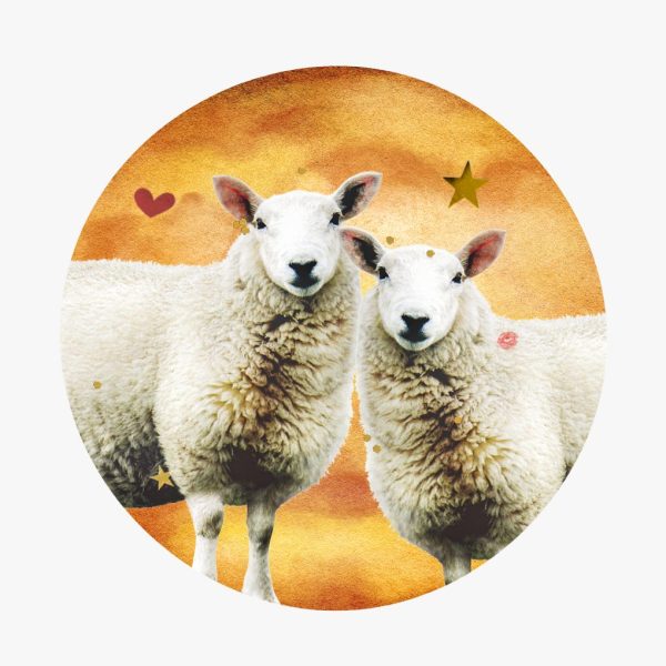 Venus in Aries horoscopes 2025 – Collage of two sheep in front of the planet Venus with gold stars, a heart, and lipstick.