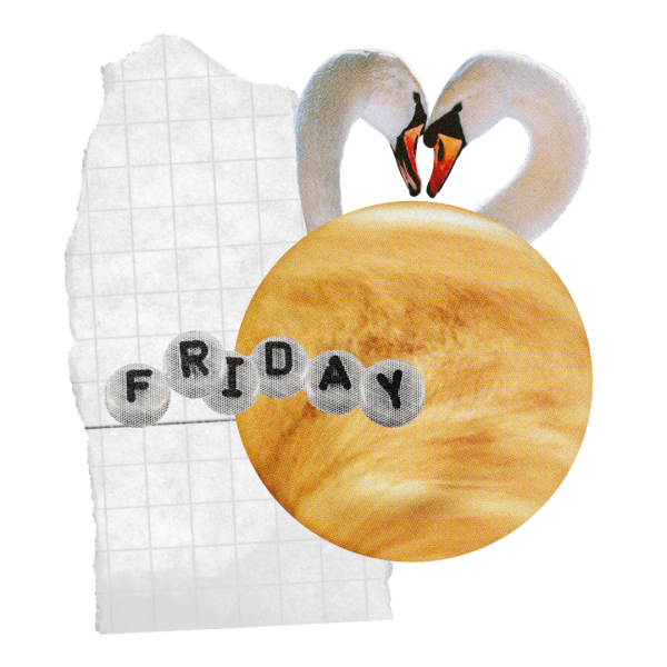 Your guide to planetary days — collage of a golden planet Venus with a pair of swans, and letter beads spelling "Friday."