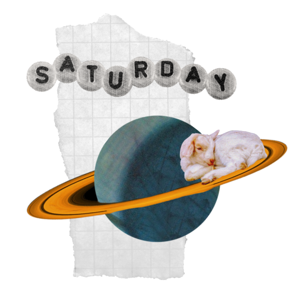 Saturn's collage whose goat is rounded into a ring and character bead spell "Saturday."