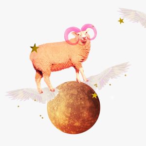 Mercury in Aquarius horoscopes, 2025 – Collage of winged planet Mercury with a ram surrounded by gold stars and glitter.