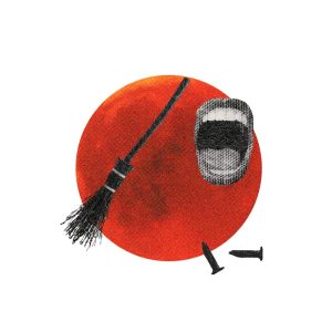 What you need to know about March's solar eclipse in Virgo — Collage of red full moon, open mouth, broomstick, and nails.