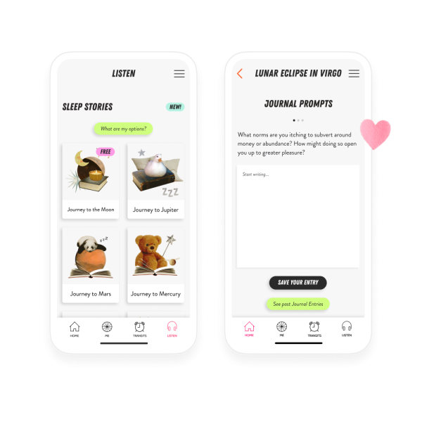 Chani app screenshot "listen" Featuring sleep stories and diaries, the library offers prompts for a lunar eclipse in Virgo.
