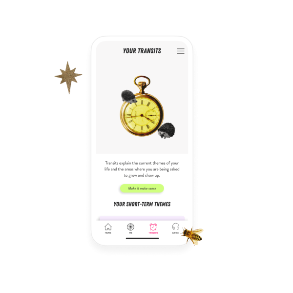 Screenshot of "Your Transit" The Chani app features short-term and long-term transits, themes, and ways to collaborate with them.