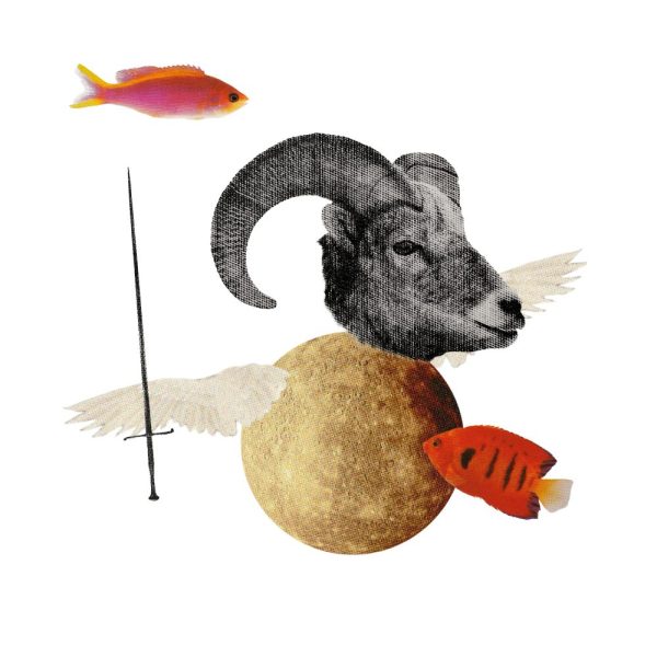 Your guide to Mercury retrograde in Aries and Pisces - Collage of a winged Mercury, a sword, a ram, and two colorful fish.